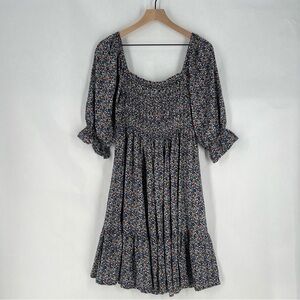 Elloh Multicolor Ditsy Floral Smocked 3/4 Puff Sleeve‎ Tiered Midi Dress Prairie